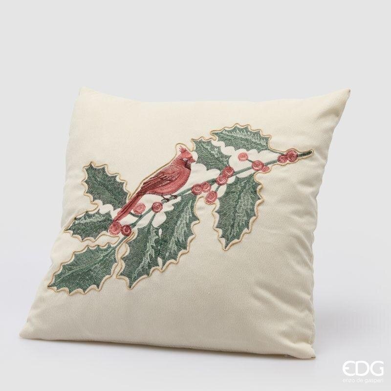Cuscino Agrifoglio e Uccellino EDG 45x45 cm. Tessile natalizio quadrato ricamato con ramo di agrifoglio, bacche e cardinale rosso. Savino Arte e Design!