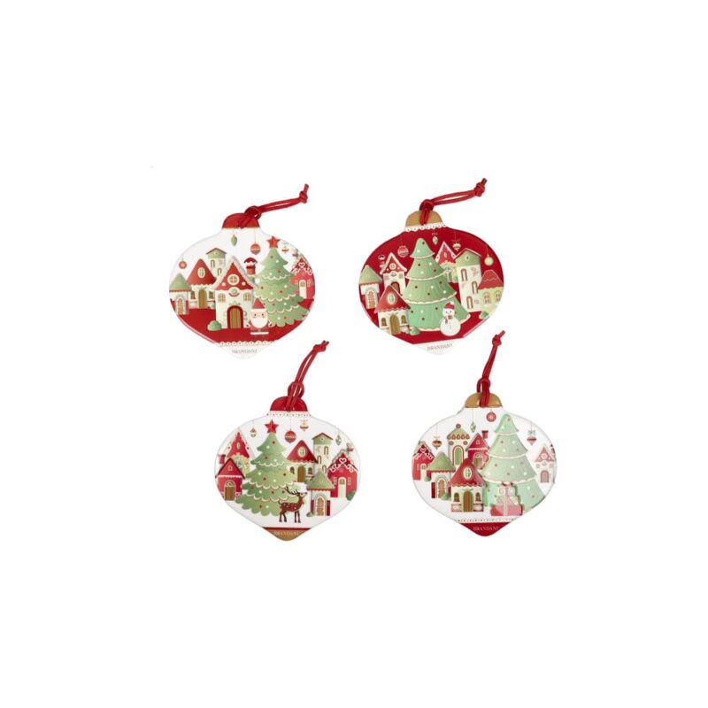 Brandani Set 4 sottobicchieri e decorazioni in ceramica e sughero Villaggio in Festa. Accessori natalizi con cordino da appendere. Acquista su Savino Arte e Design!