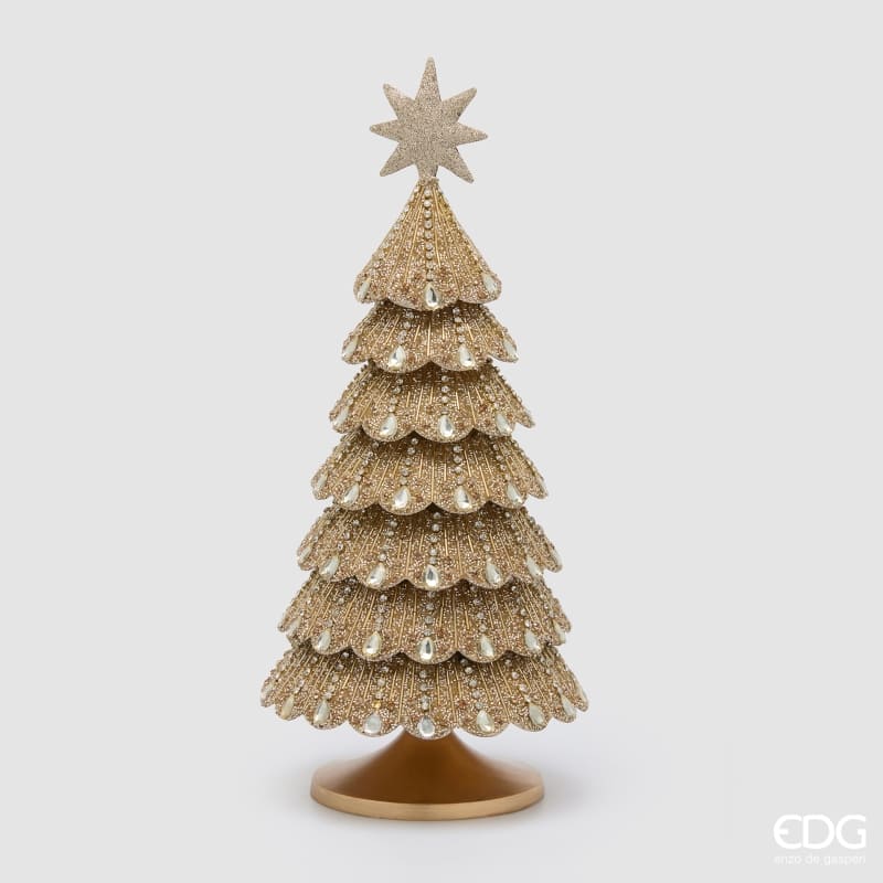 Albero di Natale EDG altezza 46 cm in metallo dorato. Lavorazione a balze con gemme brillanti, glitter e stella in punta. Acquista su Savino Arte e Design!