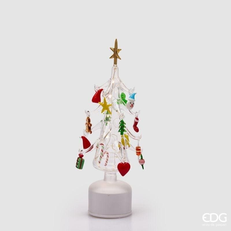 Albero di Natale in vetro trasparente EDG altezza 36 cm con pendenti colorati, LED e movimento. Scultura scenografica d'arredo. Acquista su Savino Arte e Design!