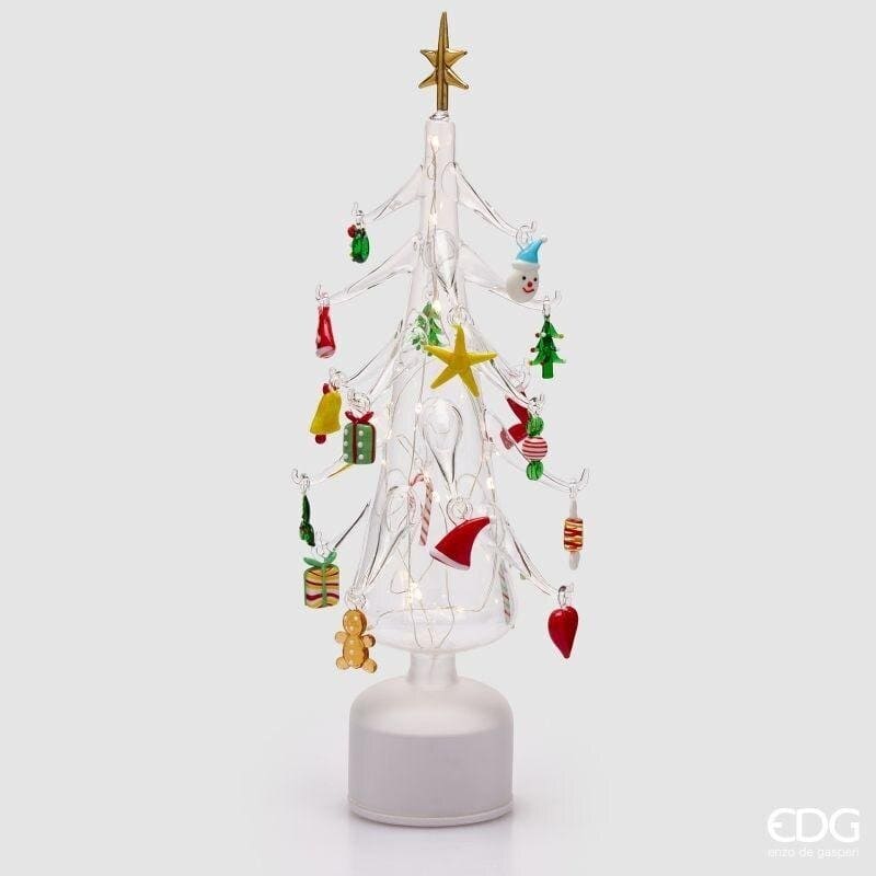 Albero di Natale in vetro trasparente EDG altezza 45 cm con pendenti colorati, LED e movimento. Scultura scenografica d'arredo. Acquista su Savino Arte e Design!