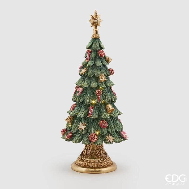 Albero di Natale da tavolo EDG altezza 60 cm con LED e musica. Scultura decorativa in resina con dettagli oro e rosso. Acquista su Savino Arte e Design!
