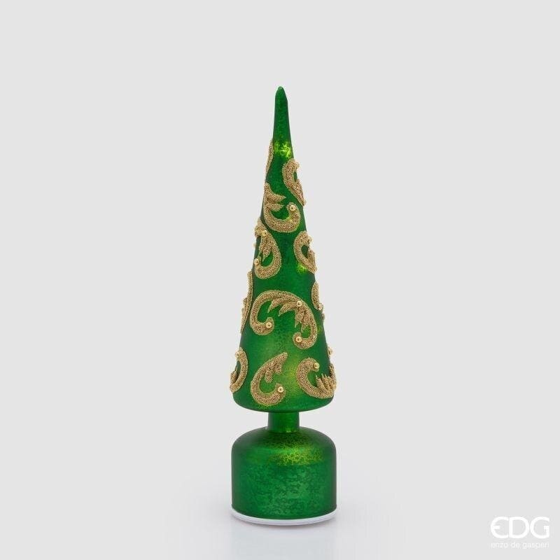 Albero di Natale in vetro verde e oro con luci LED e movimento EDG altezza 36 cm. Scultura luminosa da appoggio di gran classe. Acquista su Savino Arte e Design!
