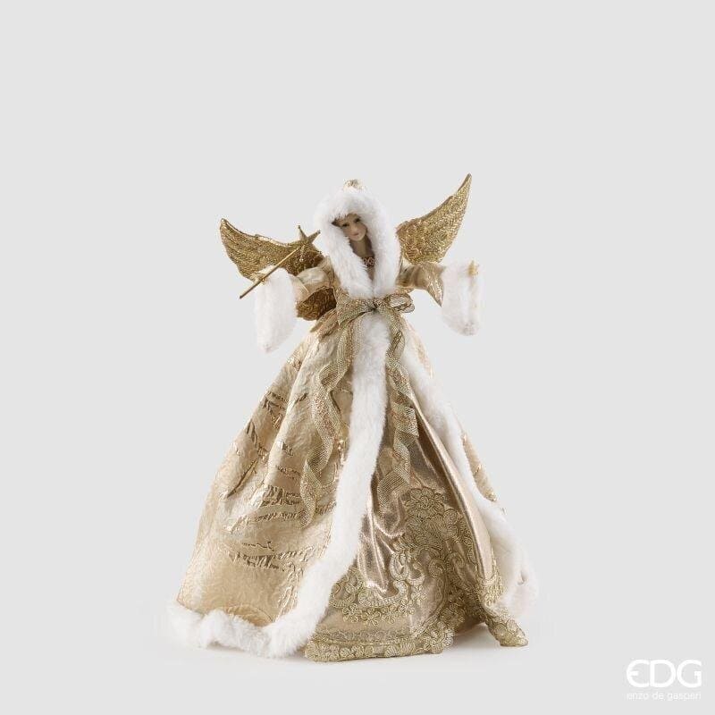 Angelo di Natale EDG altezza 41 cm bianco e oro con abito damascato, bordi in ecopelliccia e bacchetta magica. Scultura d'arredo. Acquista su Savino Arte e Design!