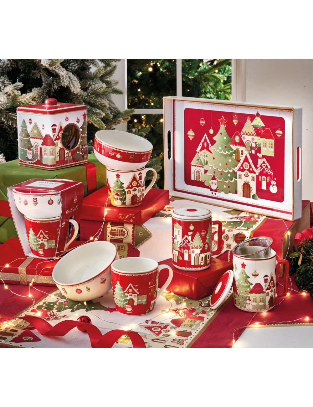 BRANDANI Mug con Ciotola Villaggio in Festa Rossa Set 2 Pz in New Bone China - immagine 2