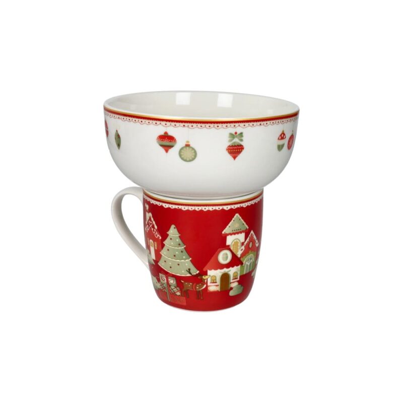 Brandani Mug con Ciotola Villaggio in Festa Rossa 2 pz in New Bone China. Set colazione e merenda natalizio impilabile. Acquista su Savino Arte e Design!