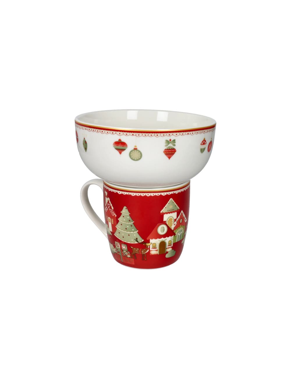 Brandani Mug con Ciotola Villaggio in Festa Rossa 2 pz in New Bone China. Set colazione e merenda natalizio impilabile. Acquista su Savino Arte e Design!