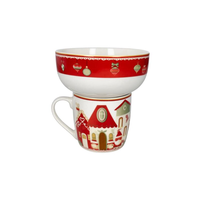Brandani Mug con Ciotola Villaggio in Festa 2 pz in New Bone China. Set colazione e merenda natalizio impilabile. Acquista su Savino Arte e Design!