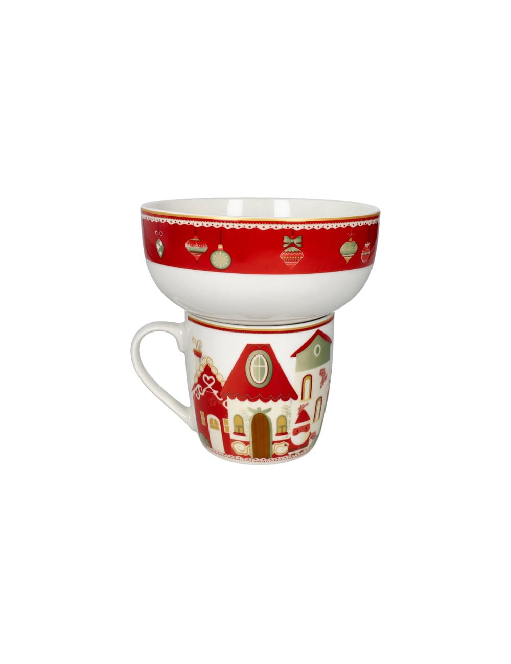 Brandani Mug con Ciotola Villaggio in Festa 2 pz in New Bone China. Set colazione e merenda natalizio impilabile. Acquista su Savino Arte e Design!