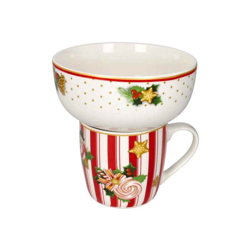 Brandani Set Mug con Ciotola Le Chicche in New Bone China decorata. Set colazione natalizio impilabile ed elegante. Acquista su Savino Arte e Design!