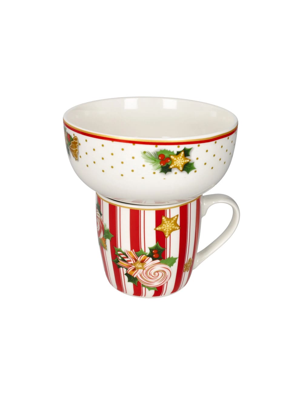 Brandani Set Mug con Ciotola Le Chicche in New Bone China decorata. Set colazione natalizio impilabile ed elegante. Acquista su Savino Arte e Design!