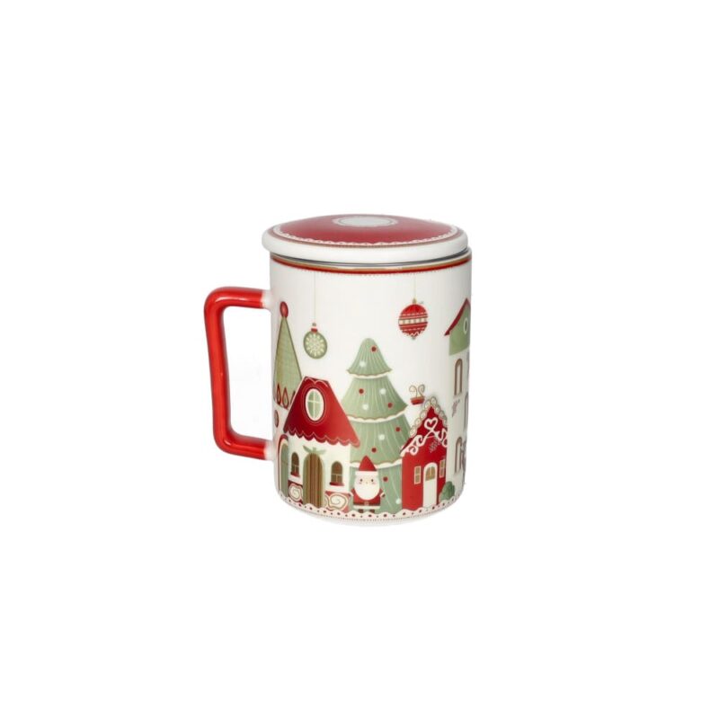 Brandani Mug bianca Villaggio in Festa in New Bone China con coperchio. Tazza natalizia elegante per tisane e infusi. Acquista su Savino Arte e Design!