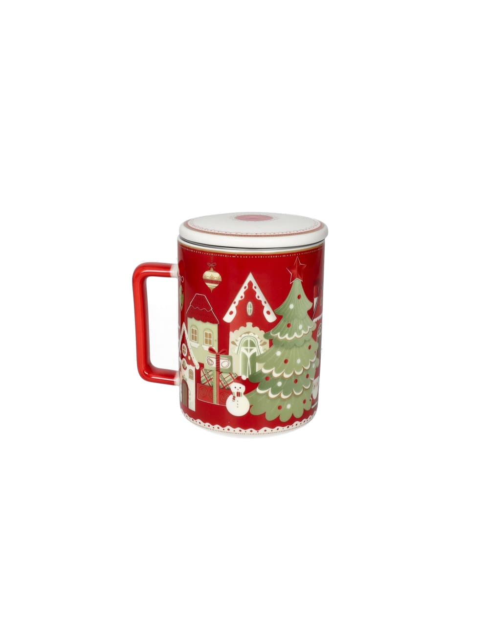 Brandani Mug rossa Villaggio in Festa in New Bone China con coperchio. Tazza natalizia calda per tisane e cioccolate. Acquista su Savino Arte e Design!