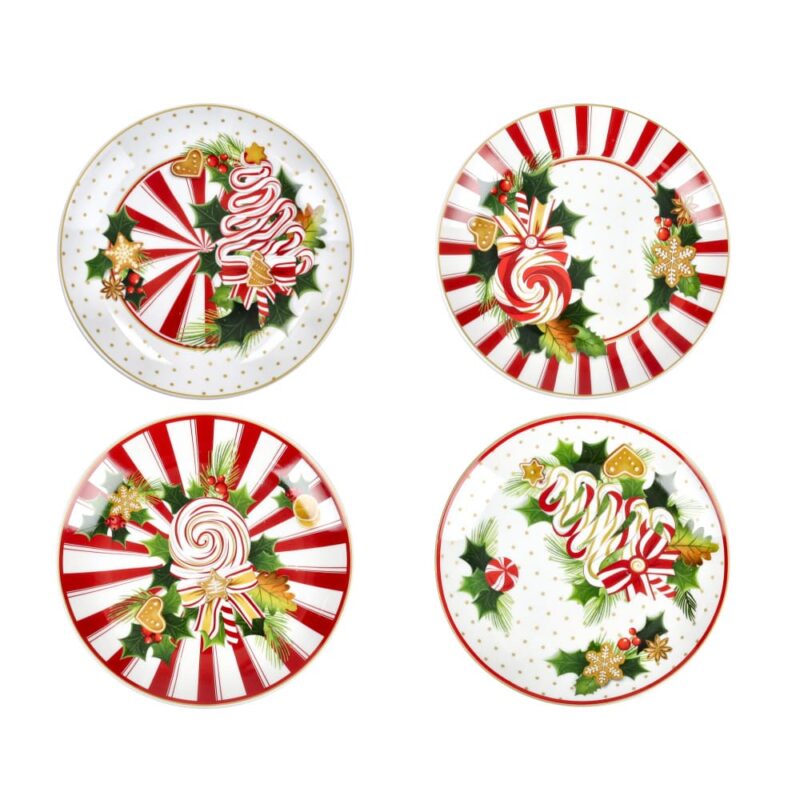 Brandani Set 4 piattini dolce Le Chicche in porcellana con decori assortiti natalizi. Piatti dessert eleganti per le feste.