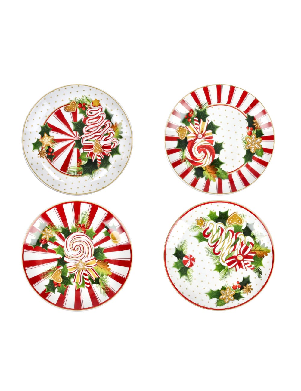 Brandani Set 4 piattini dolce Le Chicche in porcellana con decori assortiti natalizi. Piatti dessert eleganti per le feste.