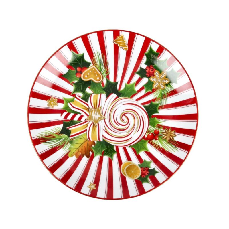 Brandani Piatto portata tondo Le Chicche in porcellana decorata. Piatto natalizio a righe per servire dolci e torte. Acquista su Savino Arte e Design!