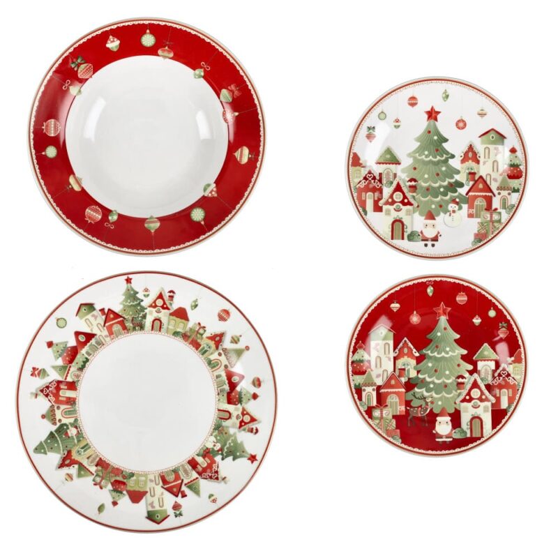 Brandani Servizio piatti 18 pezzi Villaggio in Festa per 6 persone. Servizio tavola natalizio in porcellana e New Bone China.