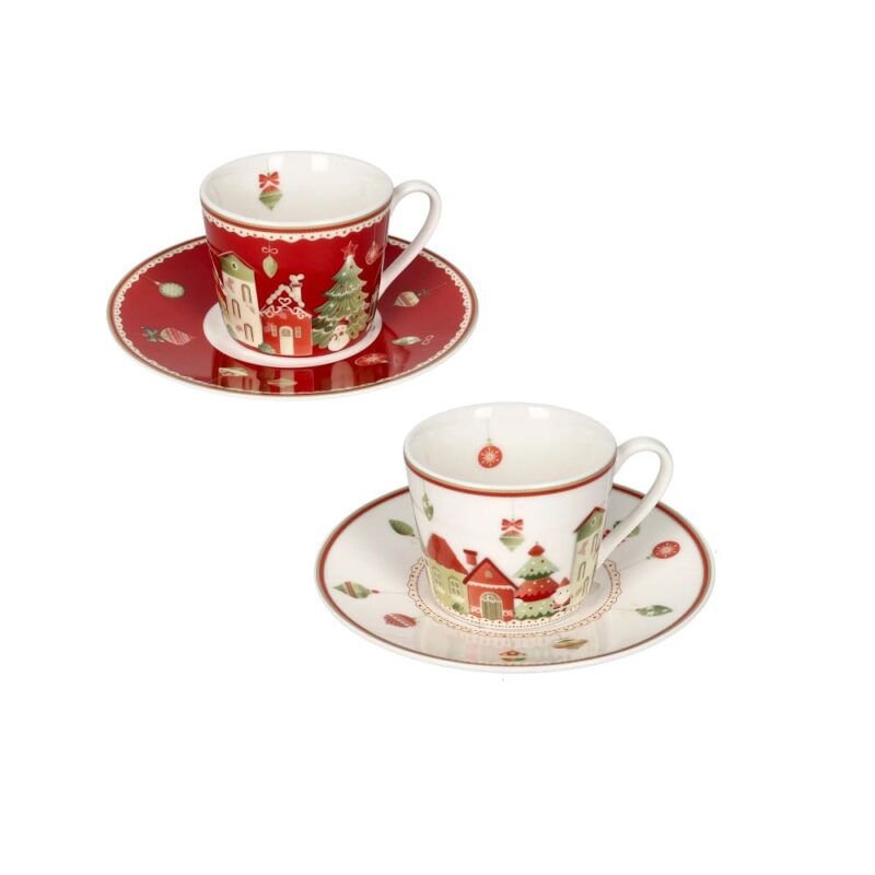 Brandani Set 2 tazzine caffè con piattino Villaggio in Festa in New Bone China decorata. Servizio espresso natalizio elegante. Acquista su Savino Arte e Design!