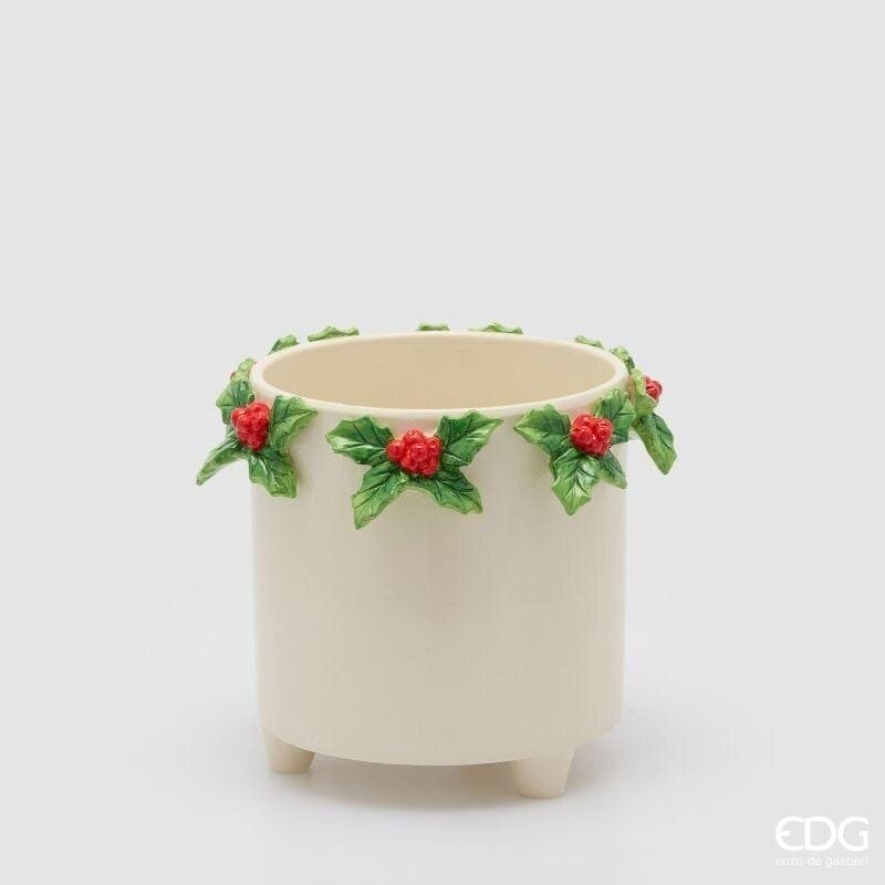 Vaso cilindrico natalizio in ceramica EDG 19cm con decoro agrifoglio a rilievo: eleganza festiva, charme artigianale e dettagli raffinati per la casa.