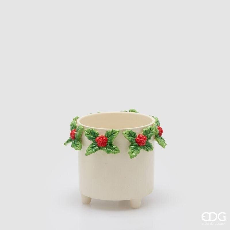 Vaso cilindrico agrifoglio ceramica EDG H15x14cm: elegante complemento natalizio compatto con dettagli in rilievo, ideale per tavoli, mensole e regalistica.