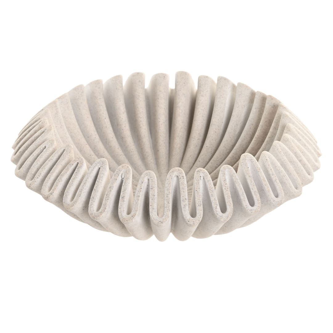 Centrotavola in marmo bianco 30 cm con lavorazione ondulata e plissetata. Elegante coppa d'arredo scultorea per il soggiorno. Acquista online!