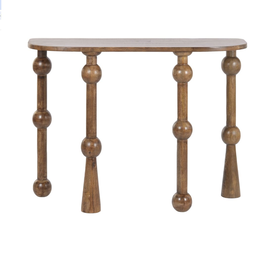 Consolle d'ingresso mezzaluna in legno massello di mango 107x38 cm. Design scultoreo con gambe tornite a sfere. Acquista online su Savino Arte e Design!