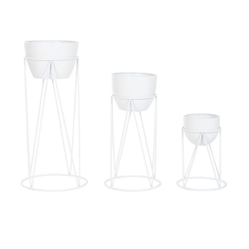 Set di 3 fioriere alte in metallo bianco con piedistallo geometrico 38x80 cm. Vasi porta piante moderni per interno ed esterno. Acquista su Savino Arte e Design!