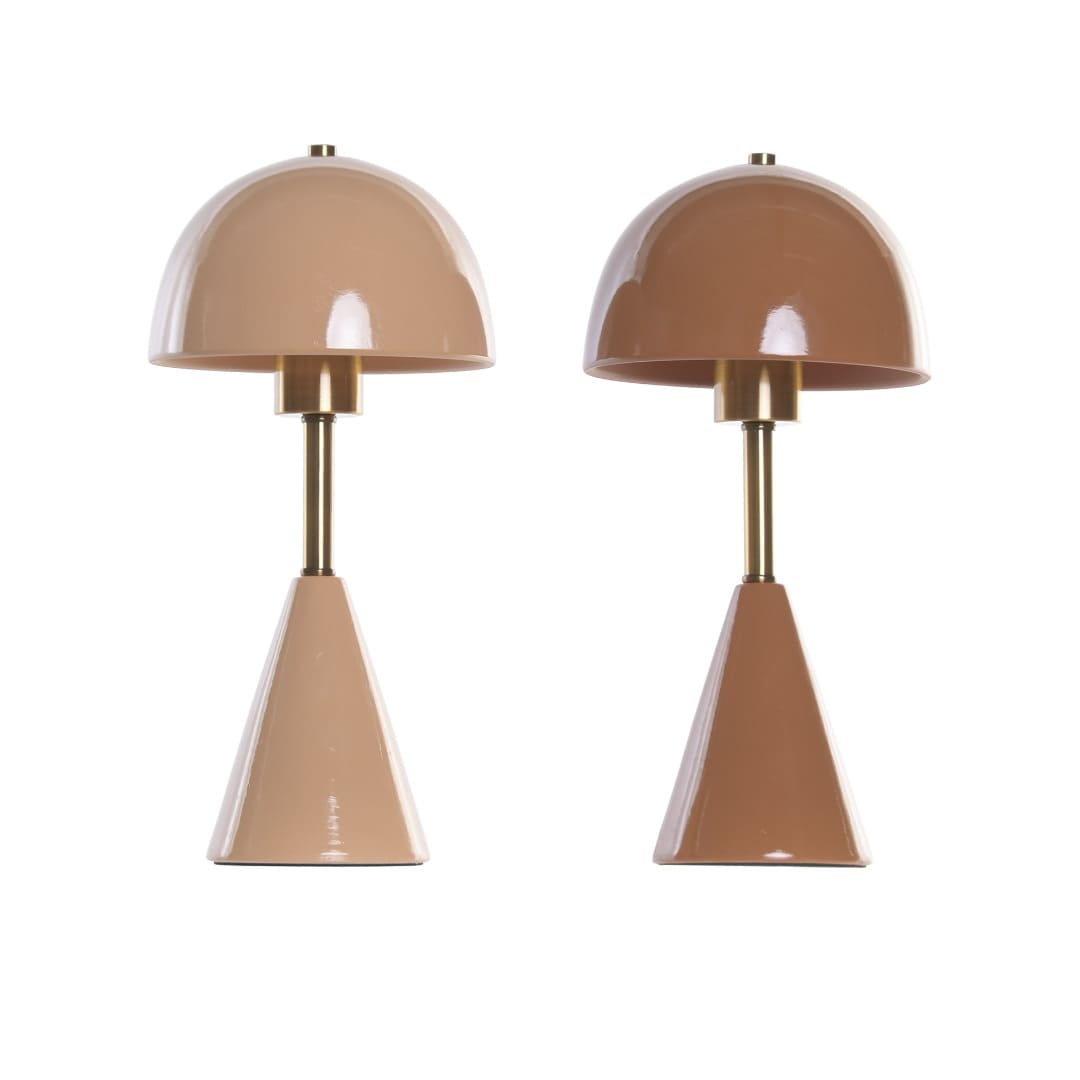 Lampada da tavolo a fungo in metallo rosa cipria con fusto dorato 17x35 cm. Design moderno e ricercato, vendita pezzo singolo.
