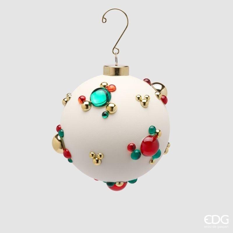 Sfera di Natale EDG 10 cm in vetro bianco opaco con bolle tridimensionali rosse, verdi e dorate. Candore unico. Acquista su Savino Arte e Design!
