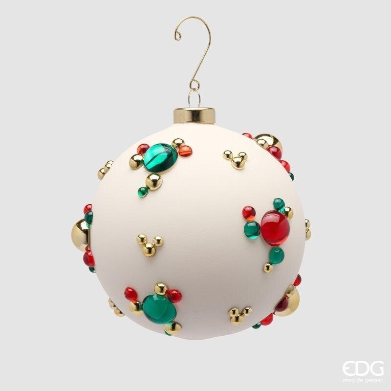 Sfera di Natale EDG 12 cm in vetro bianco opaco con bolle tridimensionali rosse, verdi e dorate. Candore raffinato. Acquista su Savino Arte e Design!