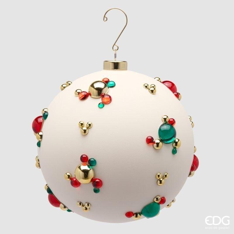 Sfera di Natale EDG 15 cm in vetro bianco opaco con bolle tridimensionali rosse, verdi e dorate. Candore unico. Acquista su Savino Arte e Design!