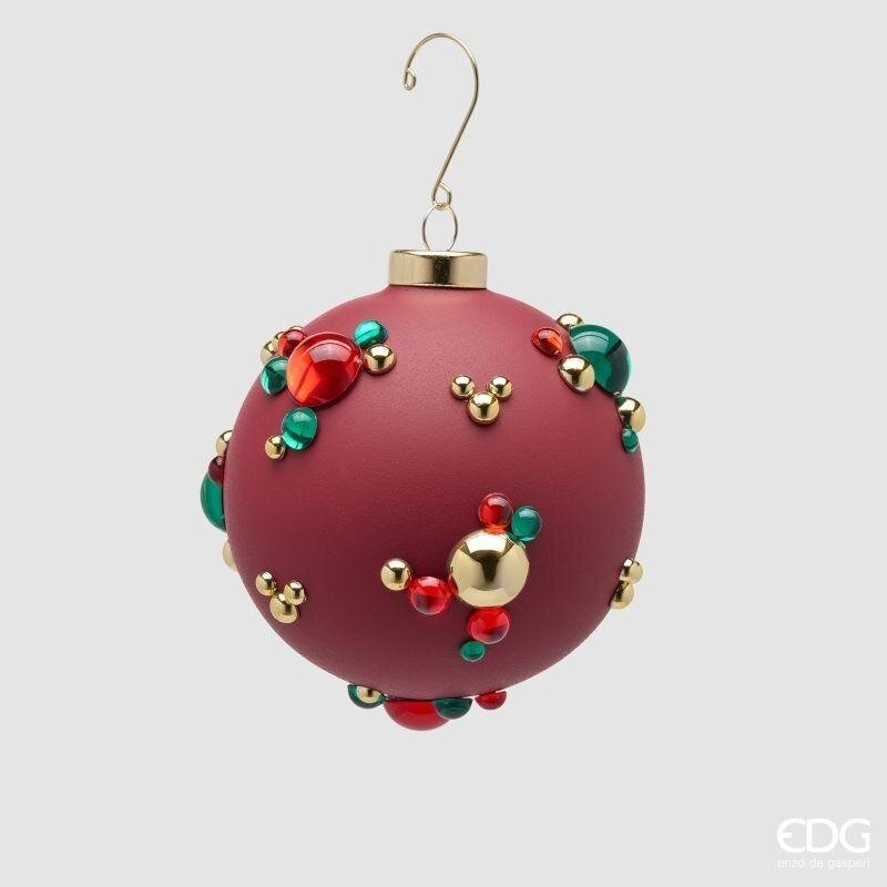 Sfera di Natale EDG 10 cm in vetro bordeaux opaco con bolle tridimensionali rosse, verdi e dorate. Dettaglio raffinato. Acquista su Savino Arte e Design!