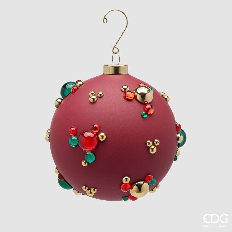 Sfera di Natale EDG 12 cm in vetro bordeaux opaco con bolle tridimensionali rosse, verdi e dorate. Design elegante. Acquista su Savino Arte e Design!