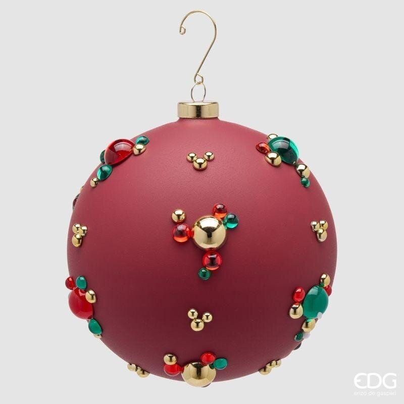 Sfera di Natale EDG 15 cm in vetro bordeaux opaco con bolle tridimensionali rosse, verdi e dorate. Design elegante. Acquista su Savino Arte e Design!