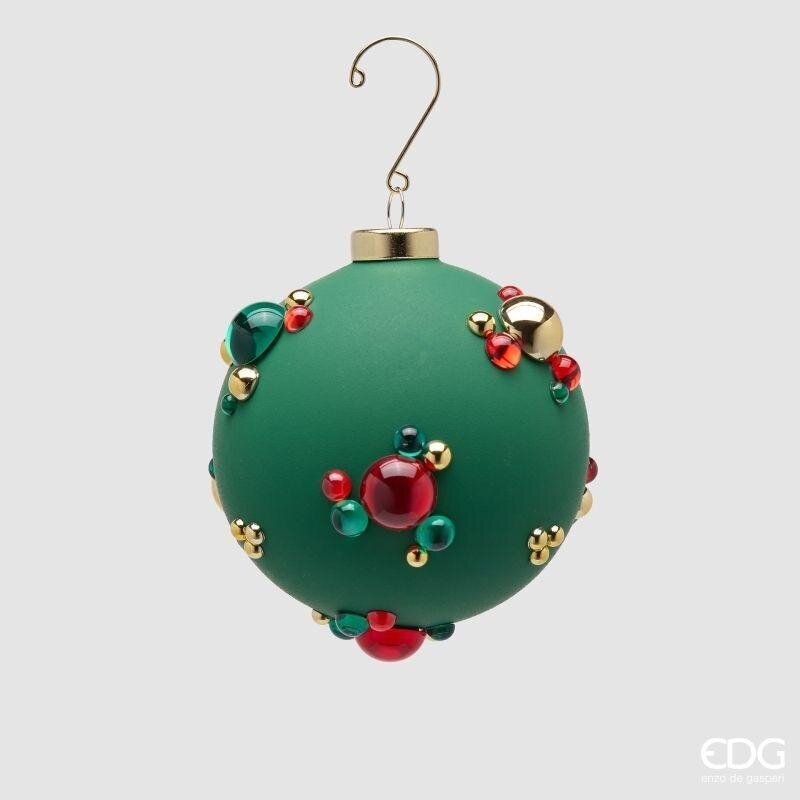 Sfera di Natale EDG 10 cm in vetro verde opaco con bolle tridimensionali rosse, verdi e dorate. Dettaglio prezioso. Acquista su Savino Arte e Design!