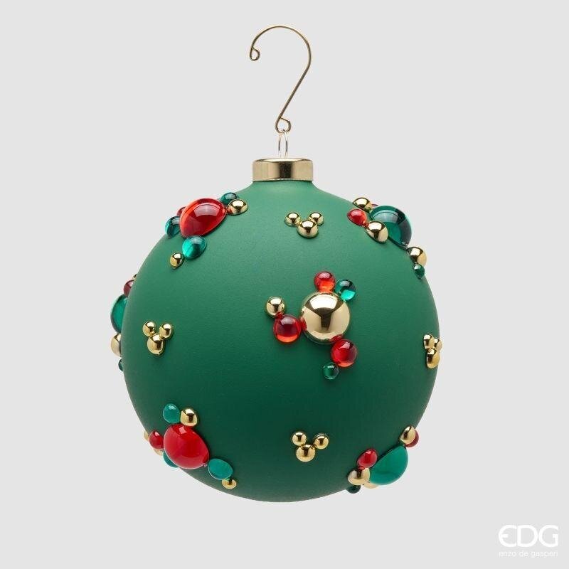 Sfera di Natale EDG 12 cm in vetro verde opaco con bolle tridimensionali rosse, verdi e dorate. Design ricercato. Acquista su Savino Arte e Design!