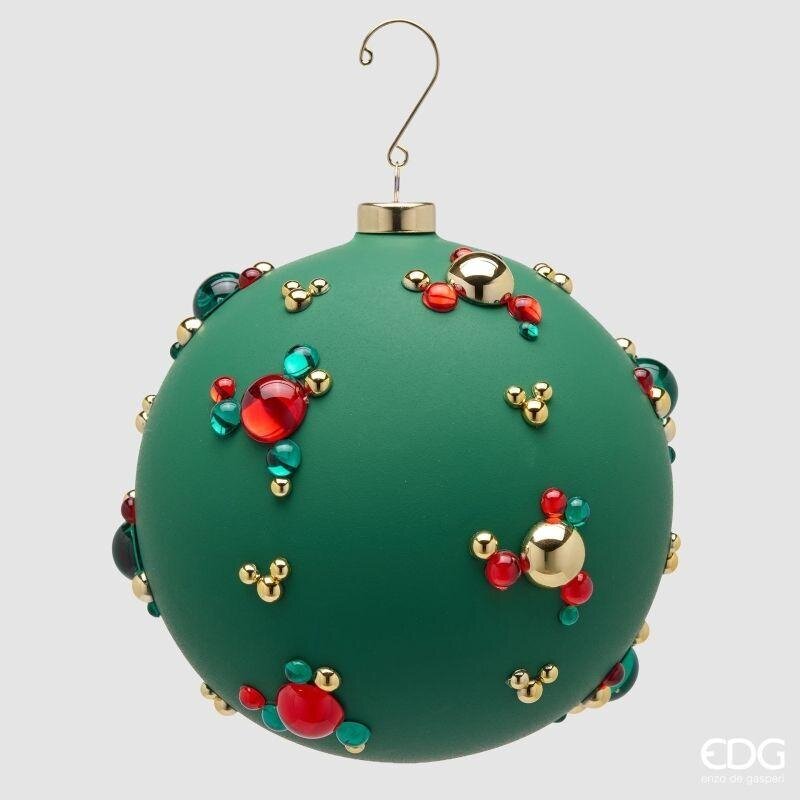 Sfera di Natale EDG 15 cm in vetro verde opaco con bolle tridimensionali rosse, verdi e dorate. Design ricercato. Acquista su Savino Arte e Design!