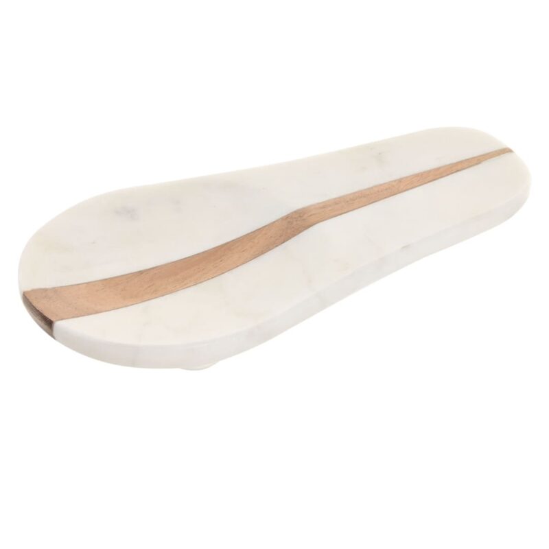 Poggiamestolo da cucina in marmo bianco e legno di acacia. Accessorio elegante e funzionale per proteggere i piani cottura. Acquista su Savino Arte e Design!