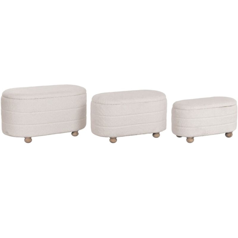 Set di 3 cassapanche pouf contenitore ovali in tessuto bouclé bianco panna con piedini in legno. Soluzione salvaspazio per il salotto.