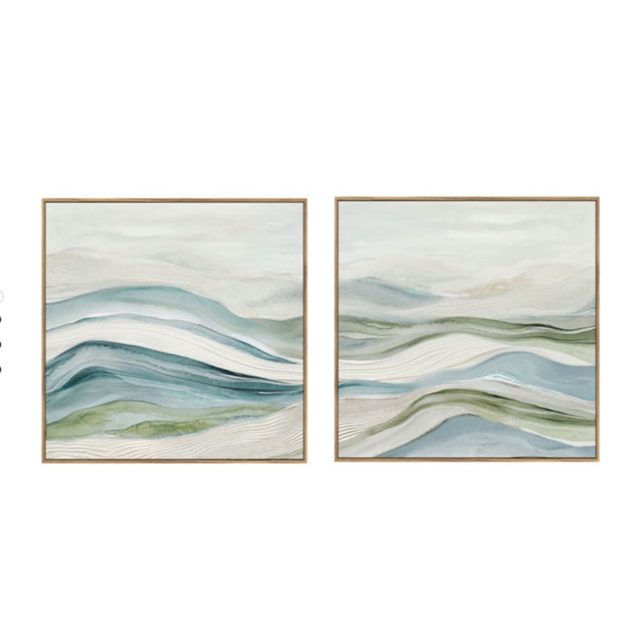 Quadro astratto quadrato 80x80 cm su tela con onde nei toni verde salvia, azzurro e sabbia con cornice inclusa. Vendita pezzo singolo. Acquista su Savino Arte e Design!