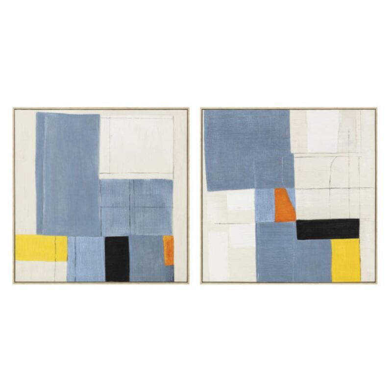 Quadro astratto quadrato 80x80 cm su tela con forme geometriche blu, giallo e arancio e cornice inclusa. Vendita pezzo singolo. Acquista su Savino Arte e Design!