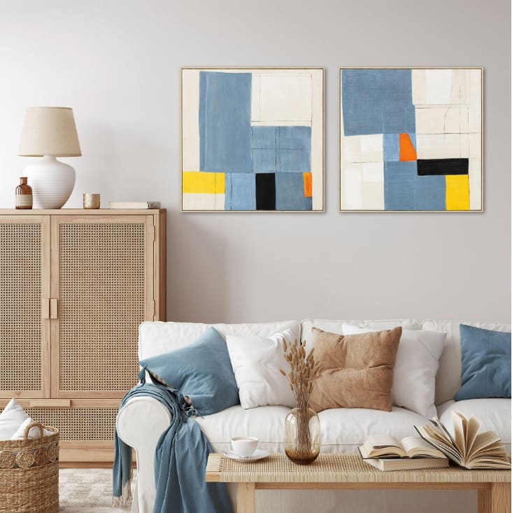 Quadro Moderno Astratto Quadrato 80x80 su Tela Blu e Giallo con Cornice - immagine 4