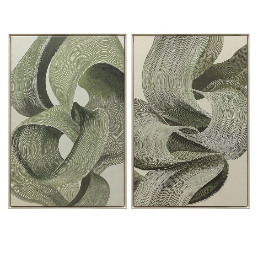 Quadro astratto su tela 80x120 cm con linee sinuose verde salvia e cornice inclusa. Vendita pezzo singolo in varianti assortite. Acquista su Savino Arte e Design!