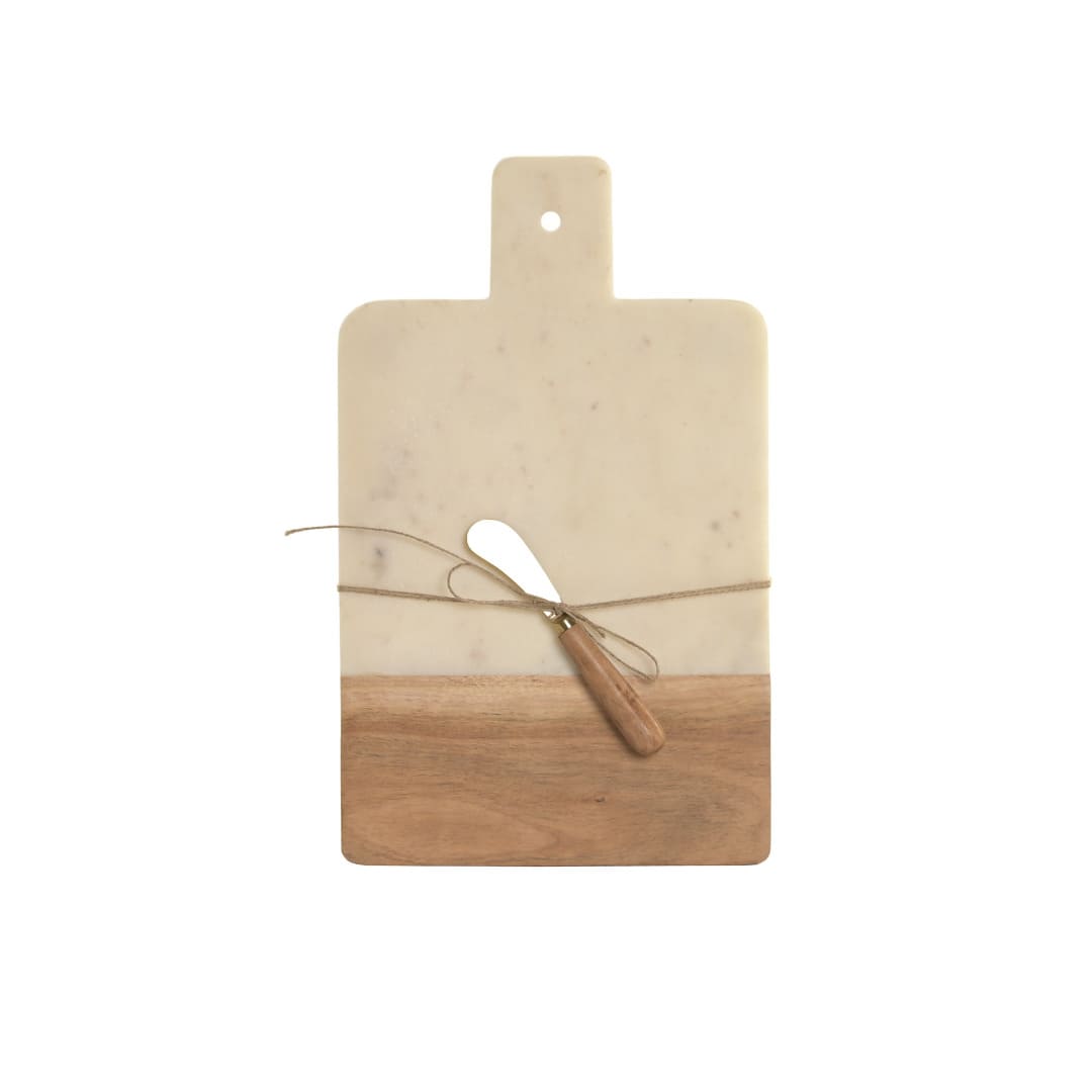 Tagliere da portata in marmo bianco e legno di acacia con coltello per formaggi incluso. Set elegante per aperitivi. Acquista online su Savino Arte e Design!
