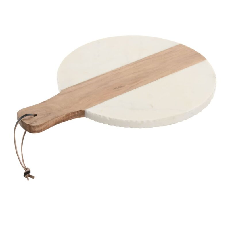 Tagliere tondo in marmo bianco e legno di acacia. Vassoio versatile perfetto come antipastiera da portata. Acquista online su Savino Arte e Design!