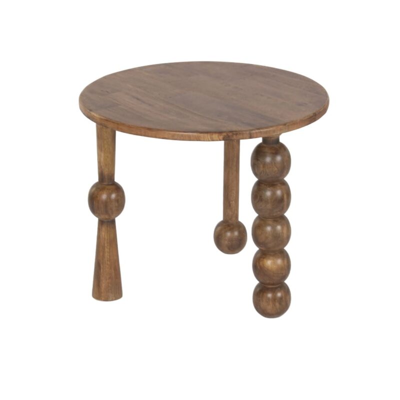 Tavolino da salotto tondo in legno massello di mango con gambe scultoree a sferoidi. Design unico per il soggiorno. Acquista su Savino Arte e Design!