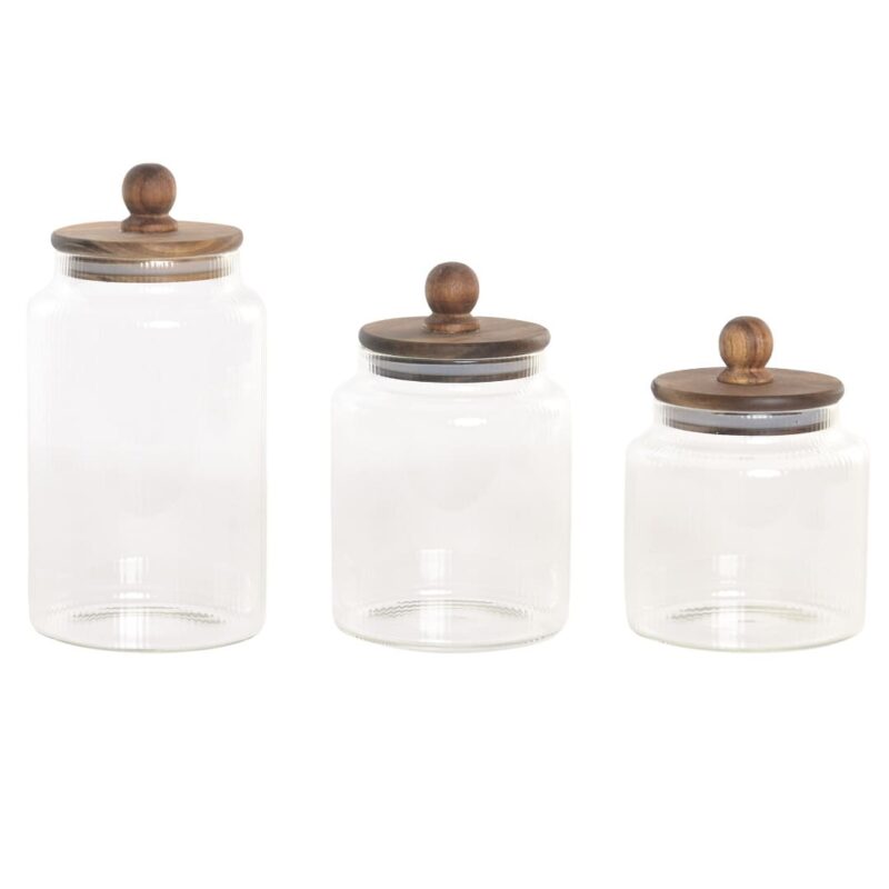 Tris barattoli in vetro borosilicato scanalato con tappo ermetico in legno. Set salvaspazio per la cucina. Acquista online su Savino Arte e Design!