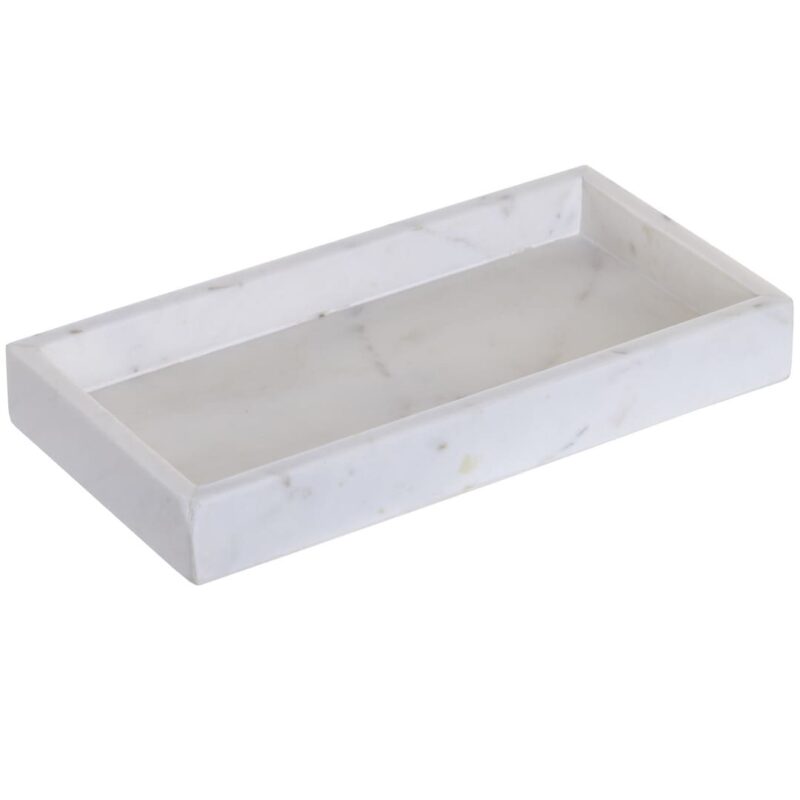 Vassoio in marmo bianco 30,5x15,5 cm con bordi rialzati. Elegante svuotatasche e vassoio d'arredo per bagno e zona giorno.