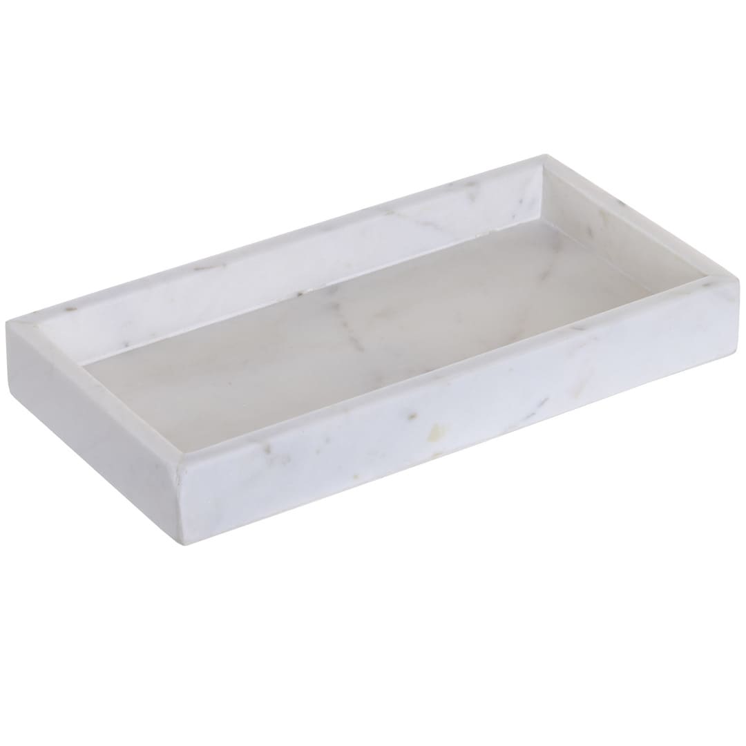 Vassoio in marmo bianco 30,5x15,5 cm con bordi rialzati. Elegante svuotatasche e vassoio d'arredo per bagno e zona giorno.